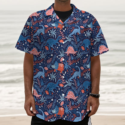 Cute Dino Leaves And Flowers Print Textured Short Sleeve Shirt