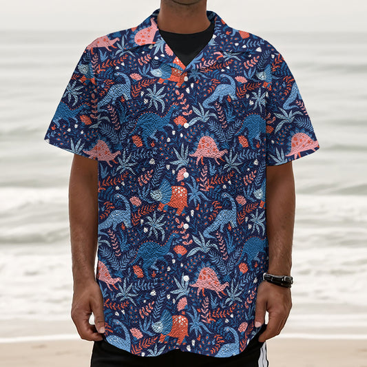 Cute Dino Leaves And Flowers Print Textured Short Sleeve Shirt