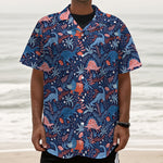 Cute Dino Leaves And Flowers Print Textured Short Sleeve Shirt