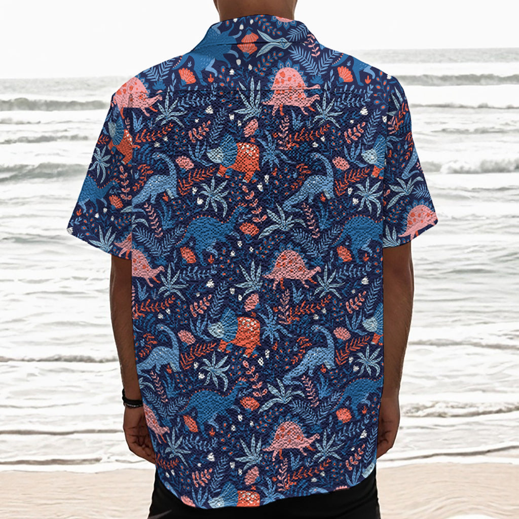 Cute Dino Leaves And Flowers Print Textured Short Sleeve Shirt