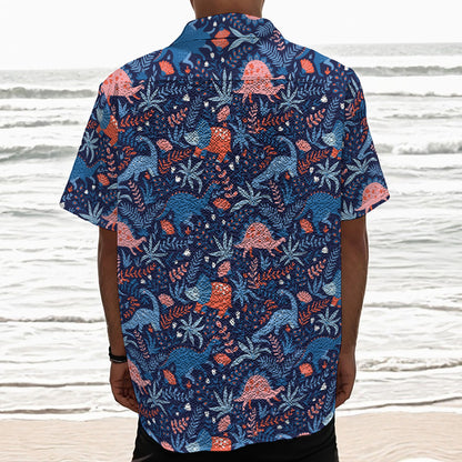 Cute Dino Leaves And Flowers Print Textured Short Sleeve Shirt