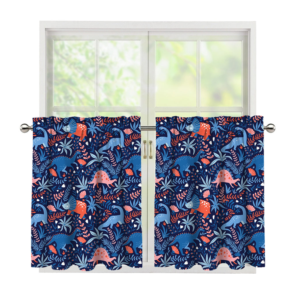 Cute Dino Leaves And Flowers Print Tier Curtains