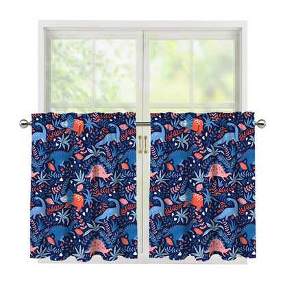 Cute Dino Leaves And Flowers Print Tier Curtains