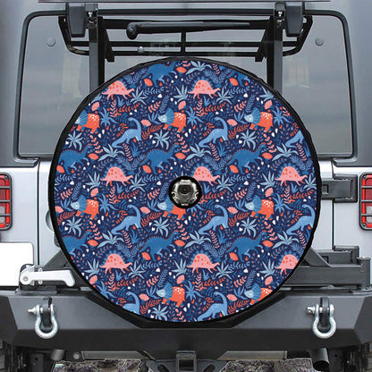 Cute Dino Leaves And Flowers Print Tire Cover With Camera Hole