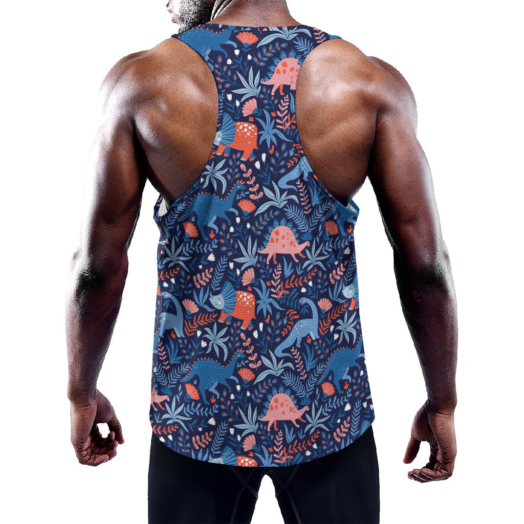 Cute Dino Leaves And Flowers Print Training Tank Top