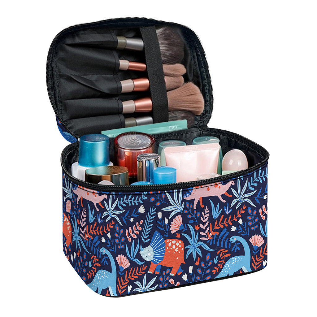 Cute Dino Leaves And Flowers Print Travel Makeup Bag