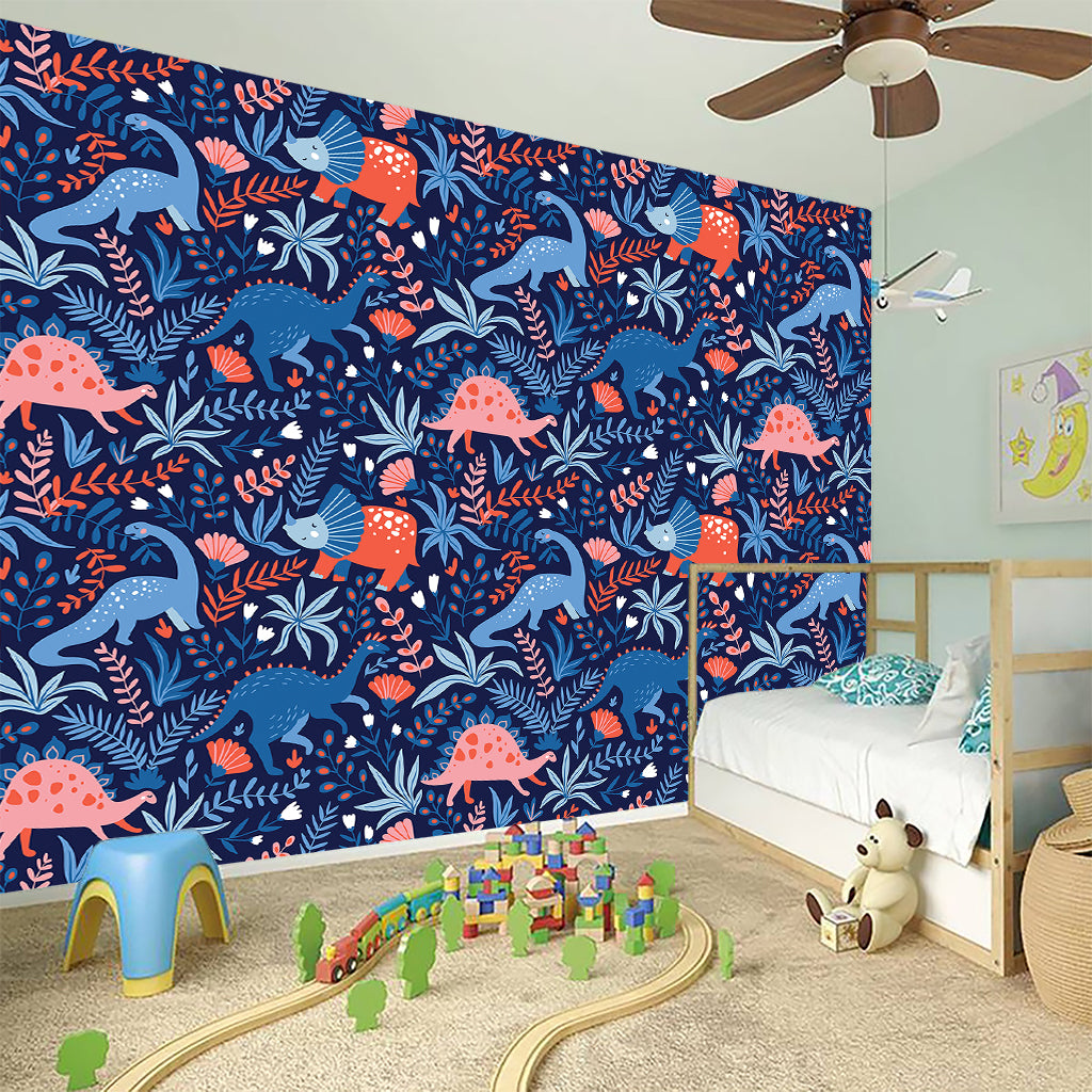 Cute Dino Leaves And Flowers Print Wall Sticker