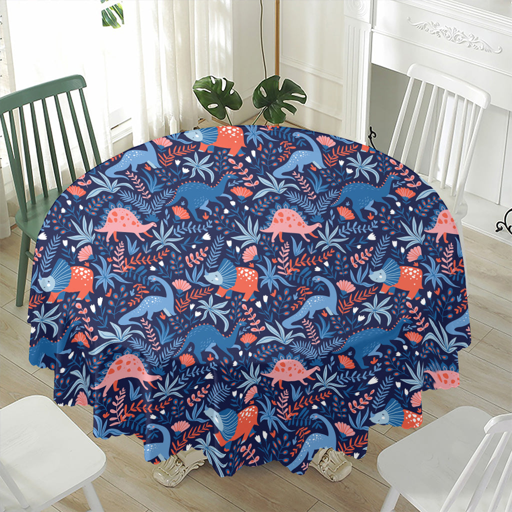 Cute Dino Leaves And Flowers Print Waterproof Round Tablecloth
