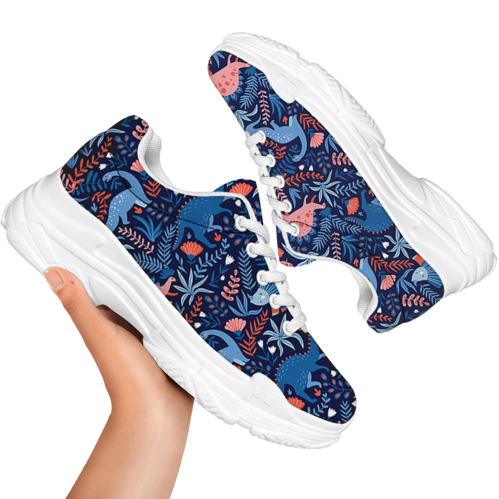 Cute Dino Leaves And Flowers Print White Chunky Shoes