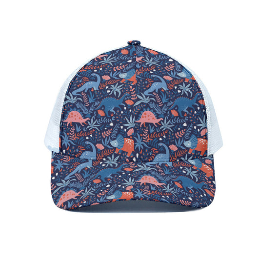 Cute Dino Leaves And Flowers Print White Mesh Trucker Cap