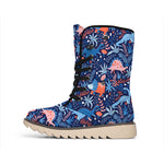 Cute Dino Leaves And Flowers Print Winter Boots