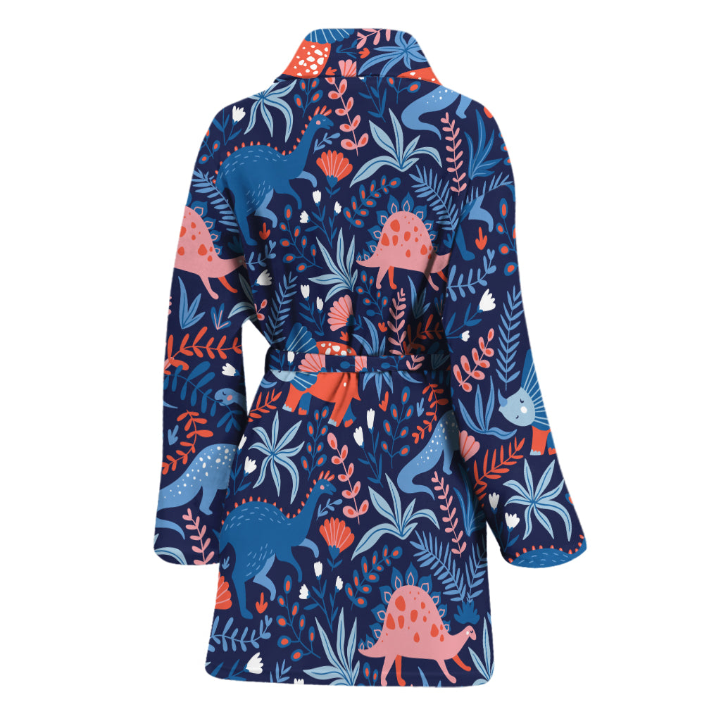 Cute Dino Leaves And Flowers Print Women's Bathrobe