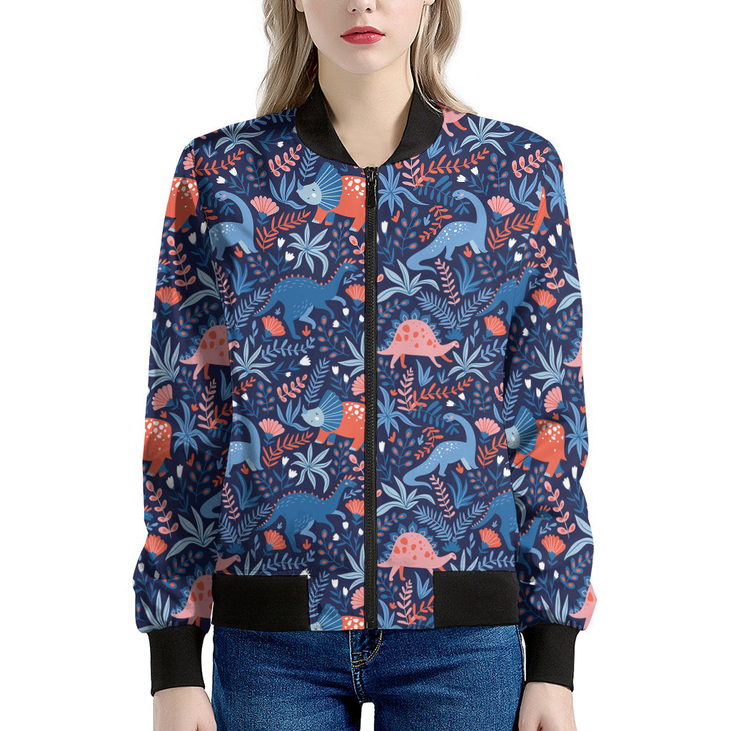 Cute Dino Leaves And Flowers Print Women's Bomber Jacket