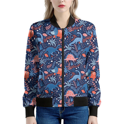 Cute Dino Leaves And Flowers Print Women's Bomber Jacket