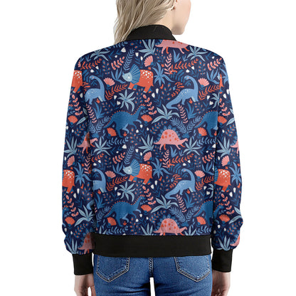 Cute Dino Leaves And Flowers Print Women's Bomber Jacket
