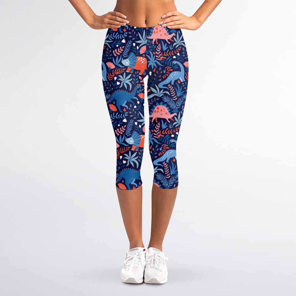 Cute Dino Leaves And Flowers Print Women's Capri Leggings