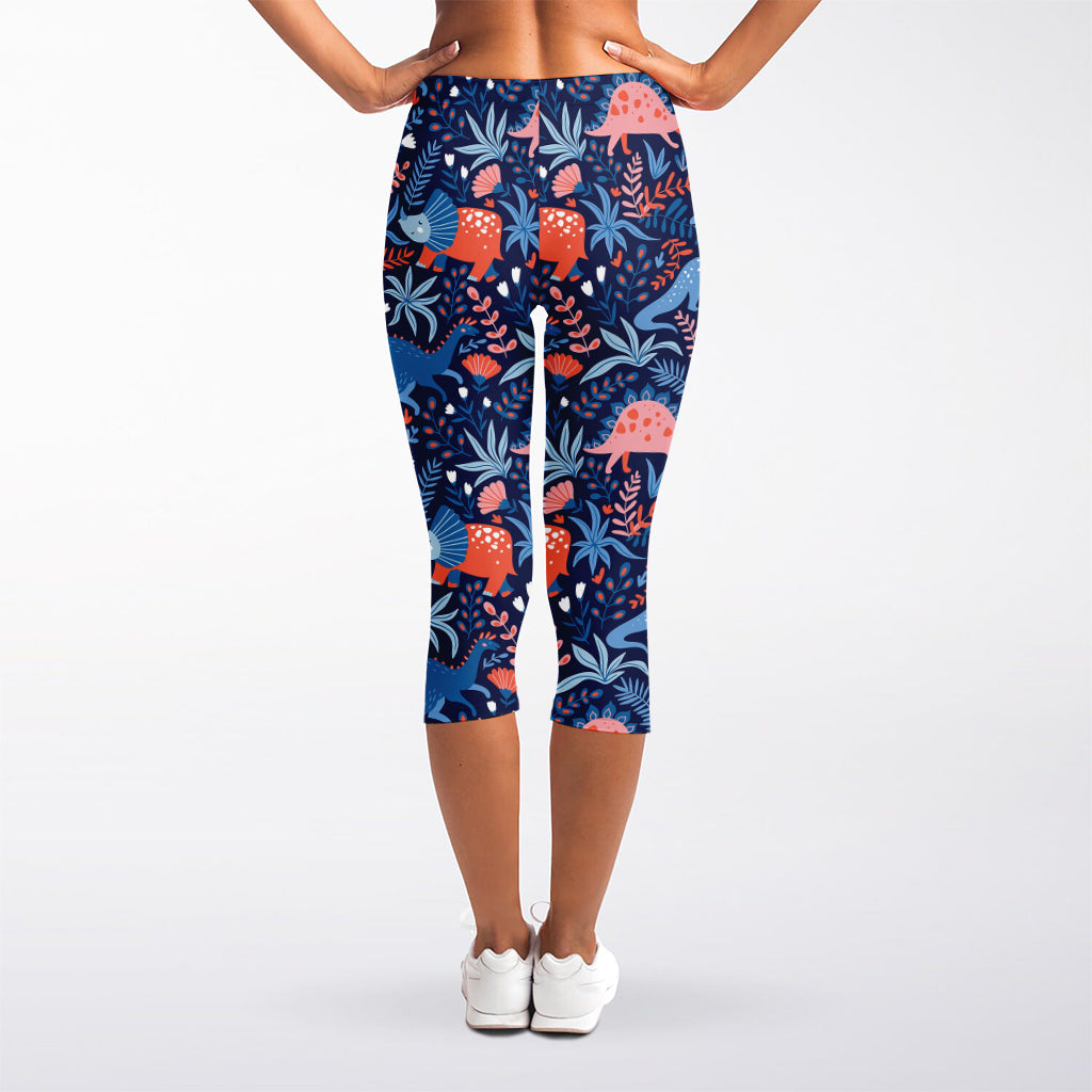 Cute Dino Leaves And Flowers Print Women's Capri Leggings