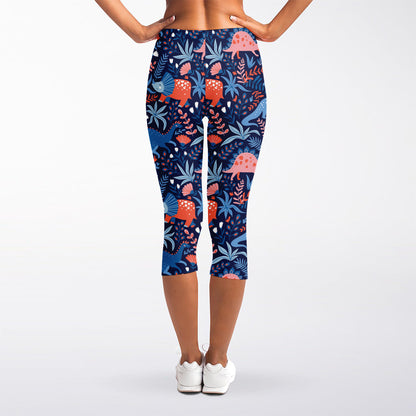 Cute Dino Leaves And Flowers Print Women's Capri Leggings