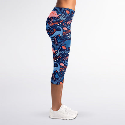 Cute Dino Leaves And Flowers Print Women's Capri Leggings