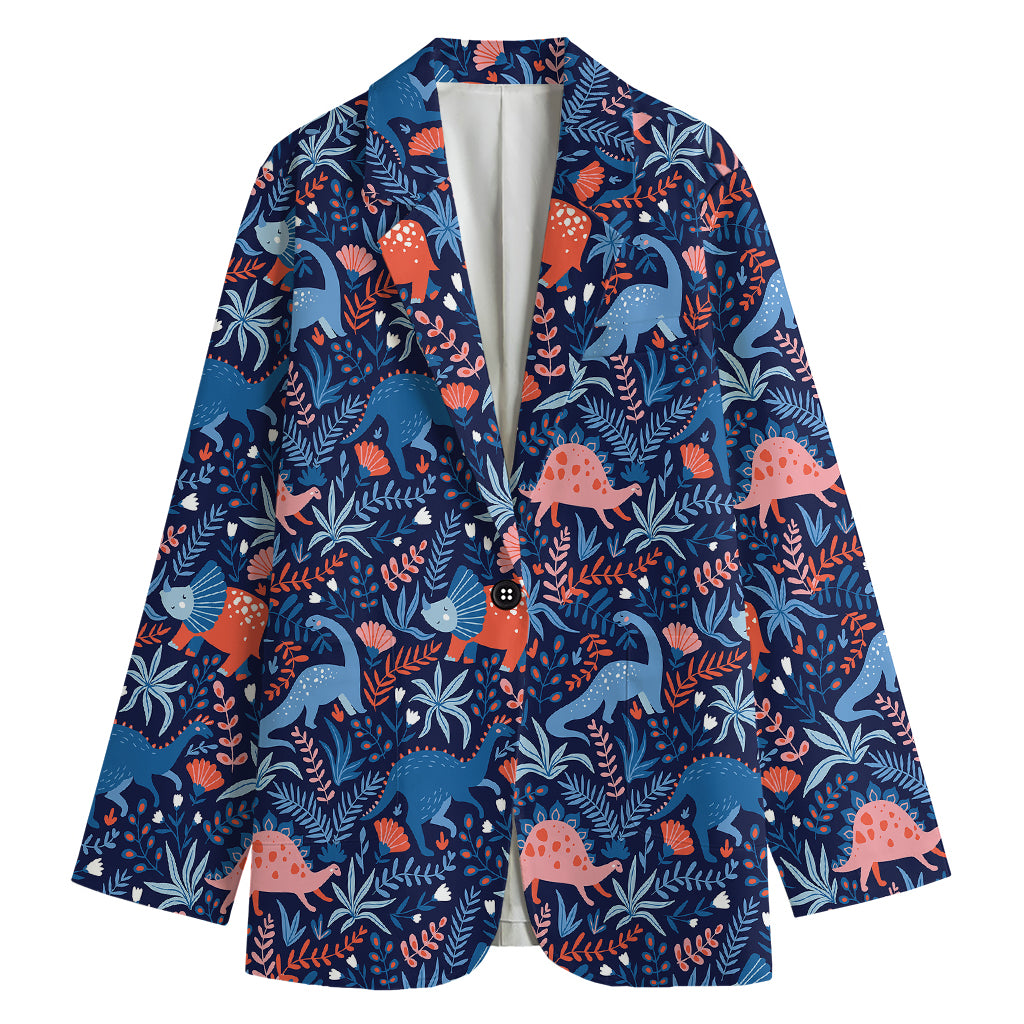 Cute Dino Leaves And Flowers Print Women's Cotton Blazer