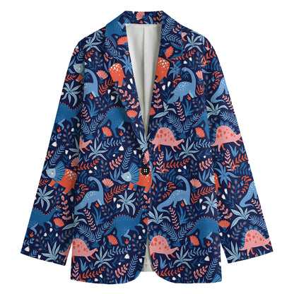 Cute Dino Leaves And Flowers Print Women's Cotton Blazer