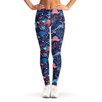 Cute Dino Leaves And Flowers Print Women's Leggings
