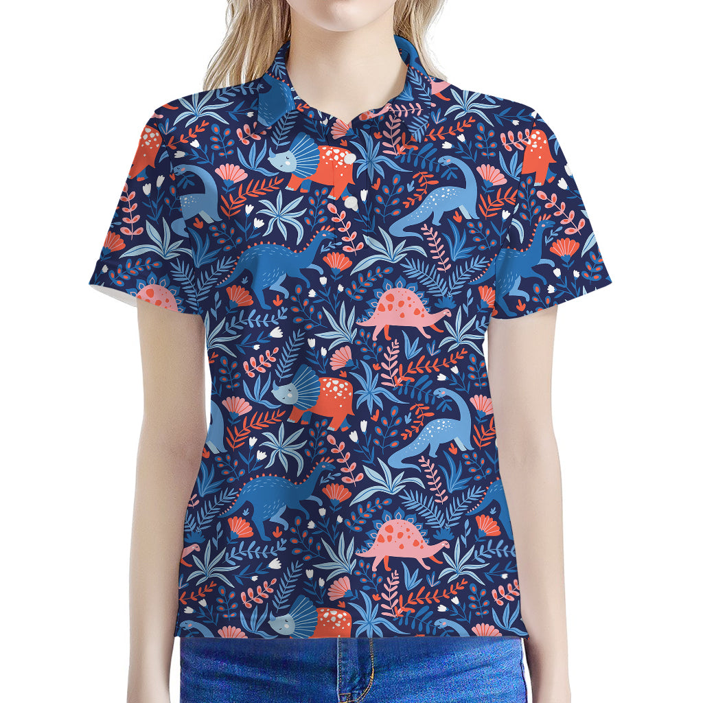 Cute Dino Leaves And Flowers Print Women's Polo Shirt