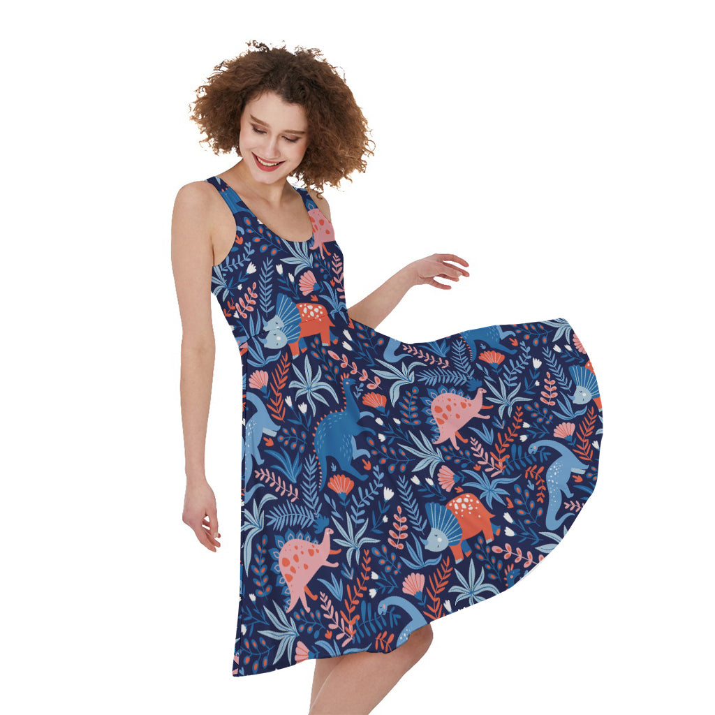 Cute Dino Leaves And Flowers Print Women's Sleeveless Dress