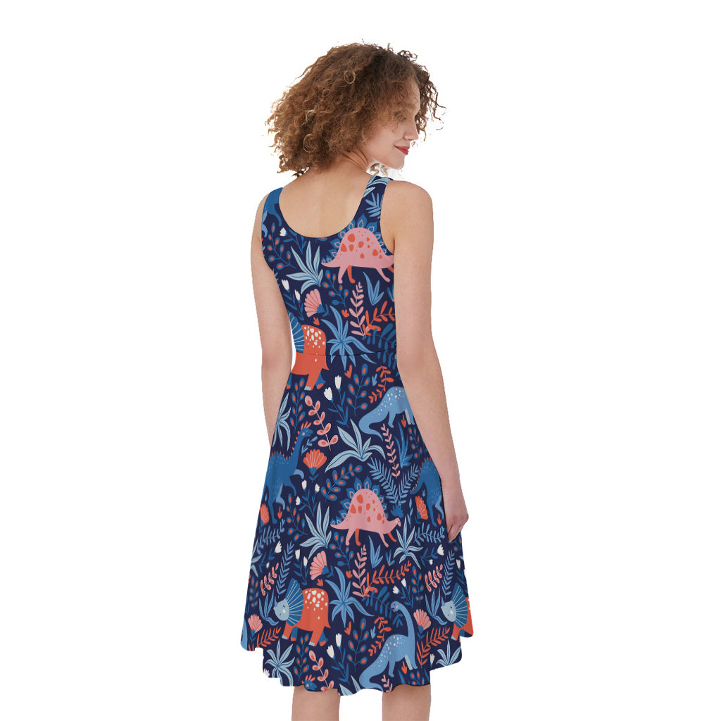 Cute Dino Leaves And Flowers Print Women's Sleeveless Dress