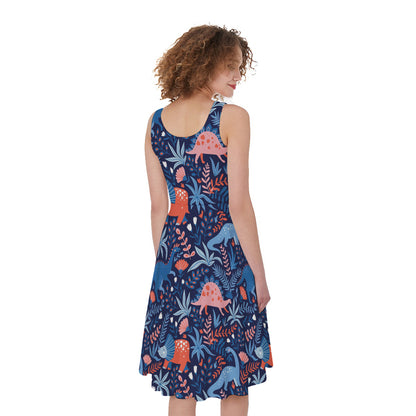 Cute Dino Leaves And Flowers Print Women's Sleeveless Dress