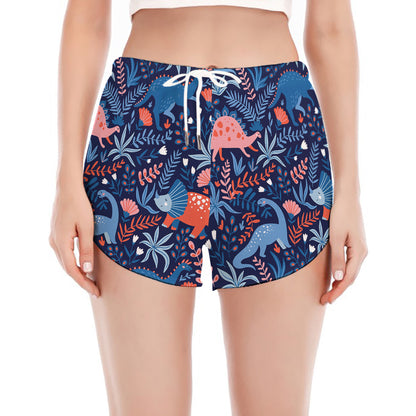 Cute Dino Leaves And Flowers Print Women's Split Running Shorts