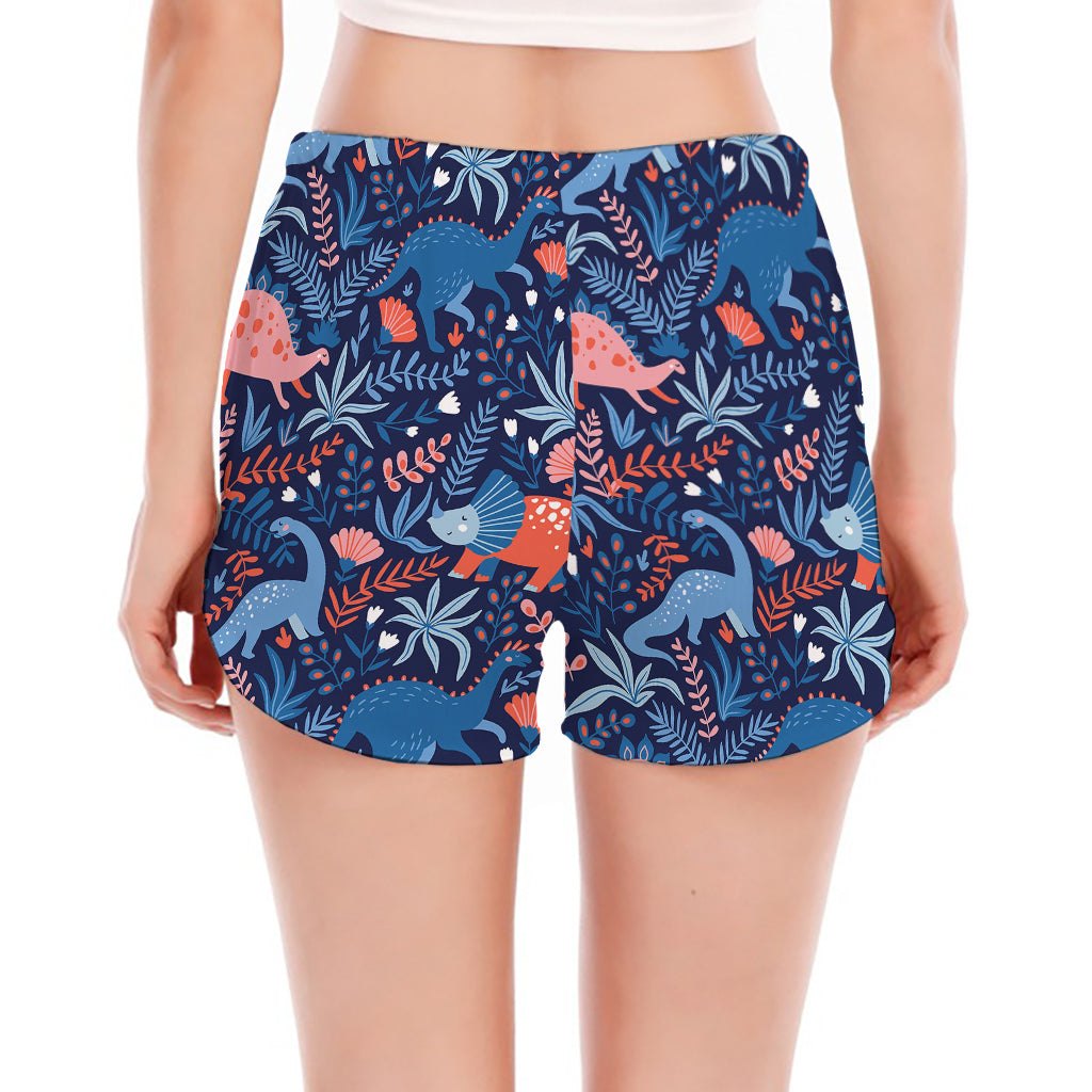 Cute Dino Leaves And Flowers Print Women's Split Running Shorts