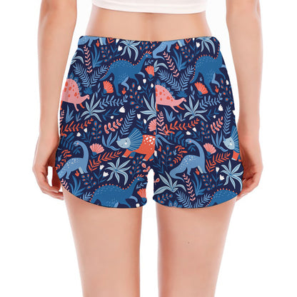 Cute Dino Leaves And Flowers Print Women's Split Running Shorts