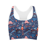 Cute Dino Leaves And Flowers Print Women's Sports Bra