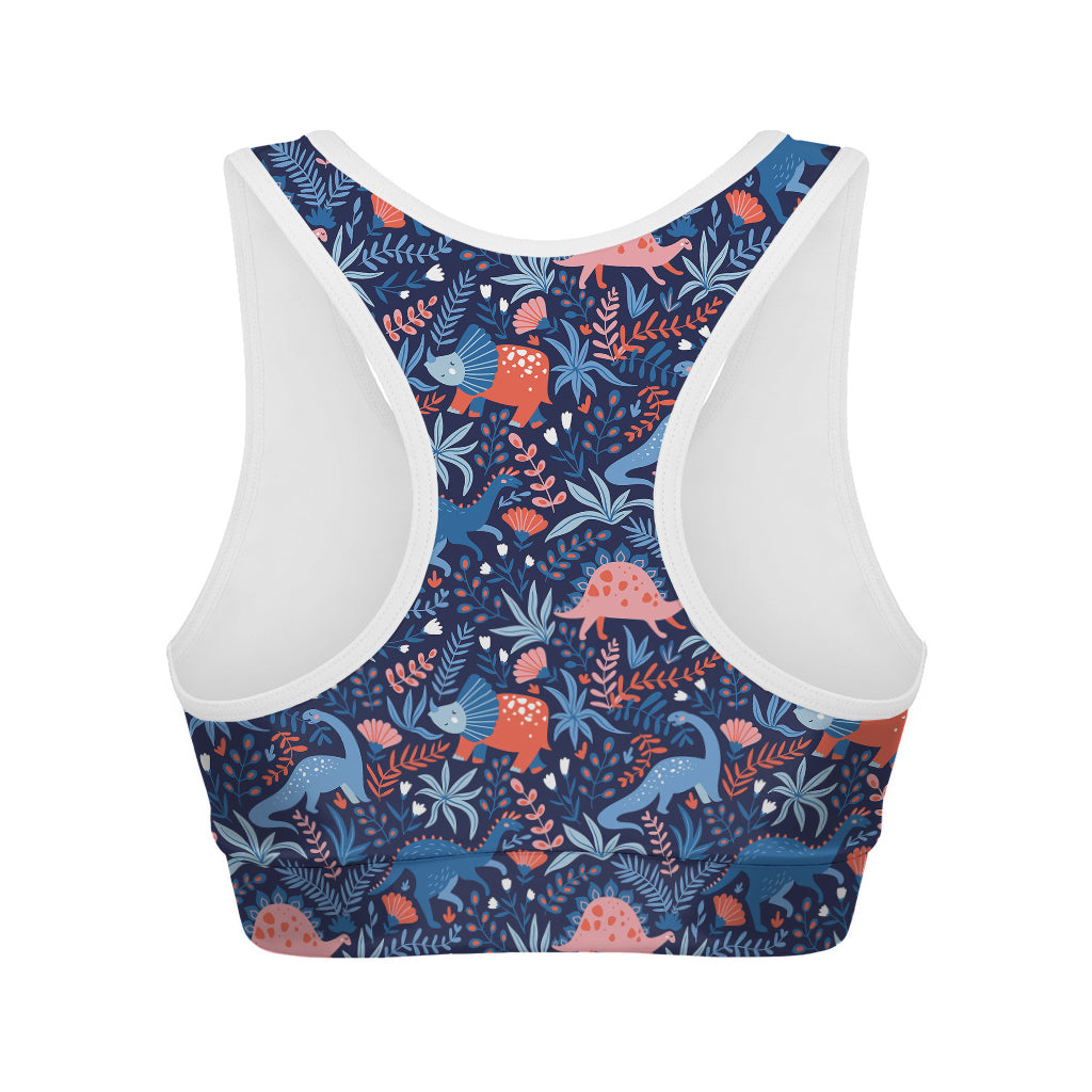 Cute Dino Leaves And Flowers Print Women's Sports Bra