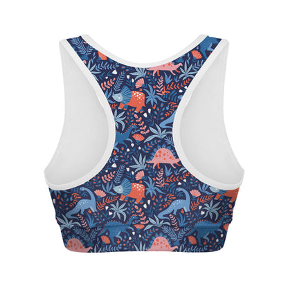 Cute Dino Leaves And Flowers Print Women's Sports Bra
