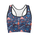 Cute Dino Leaves And Flowers Print Women's Sports Bra