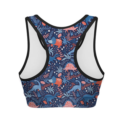 Cute Dino Leaves And Flowers Print Women's Sports Bra