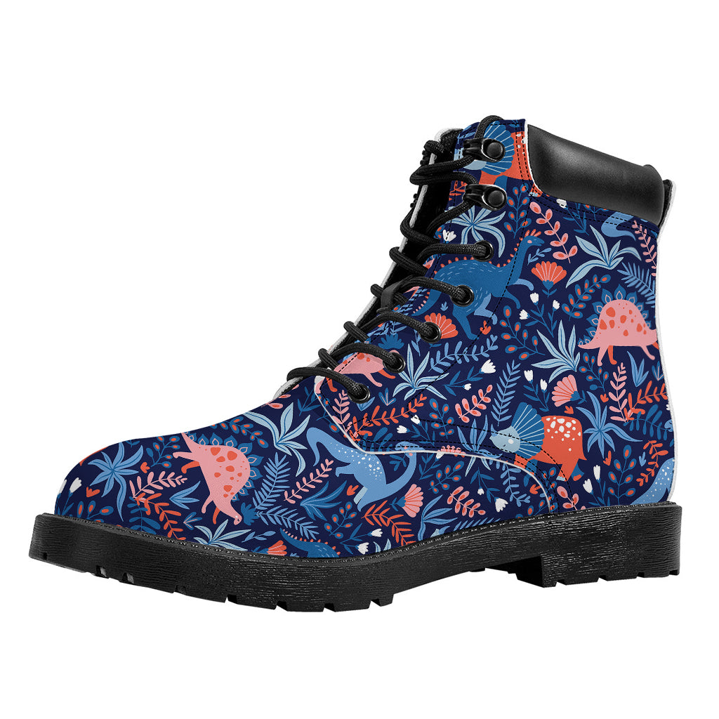 Cute Dino Leaves And Flowers Print Work Boots