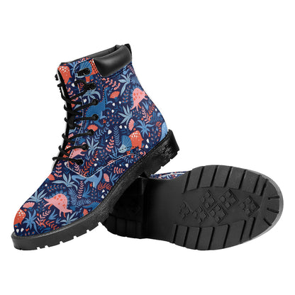 Cute Dino Leaves And Flowers Print Work Boots