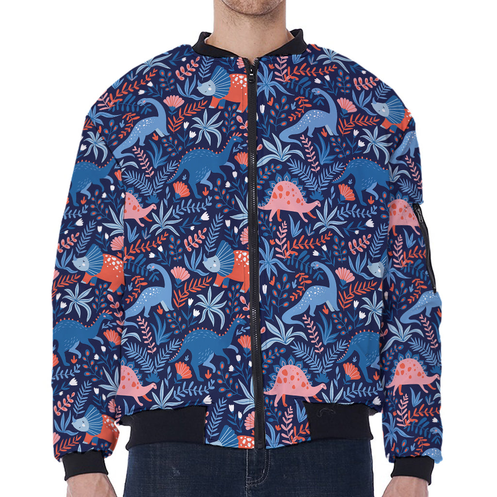 Cute Dino Leaves And Flowers Print Zip Sleeve Bomber Jacket