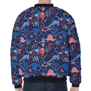 Cute Dino Leaves And Flowers Print Zip Sleeve Bomber Jacket