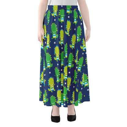 Cute Dino T-Rex Pattern Print Chiffon Maxi Skirt