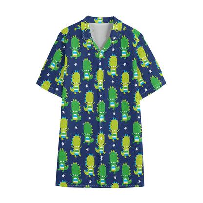 Cute Dino T-Rex Pattern Print Cotton Hawaiian Shirt