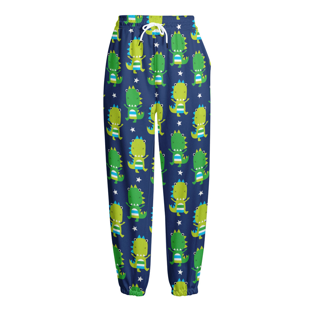 Cute Dino T-Rex Pattern Print Fleece Lined Knit Pants