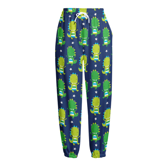 Cute Dino T-Rex Pattern Print Fleece Lined Knit Pants