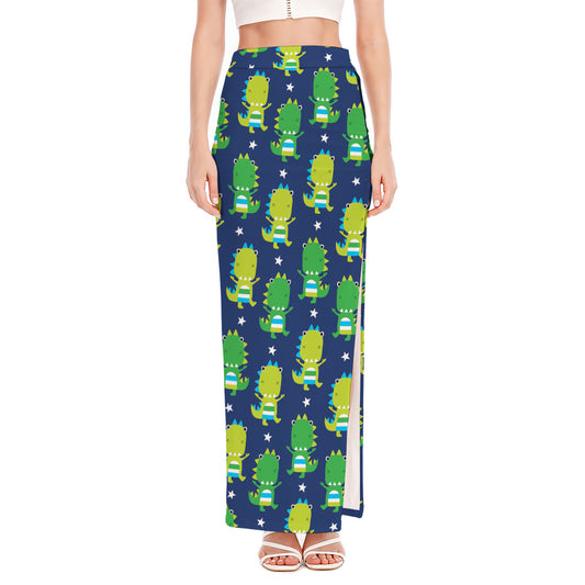 Cute Dino T-Rex Pattern Print High Slit Maxi Skirt