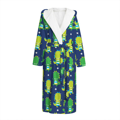 Cute Dino T-Rex Pattern Print Hooded Bathrobe