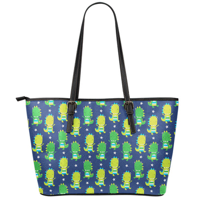 Cute Dino T-Rex Pattern Print Leather Tote Bag