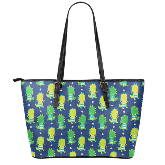 Cute Dino T-Rex Pattern Print Leather Tote Bag